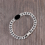 Oval Black Stone Sterling Silver Chain Bracelet