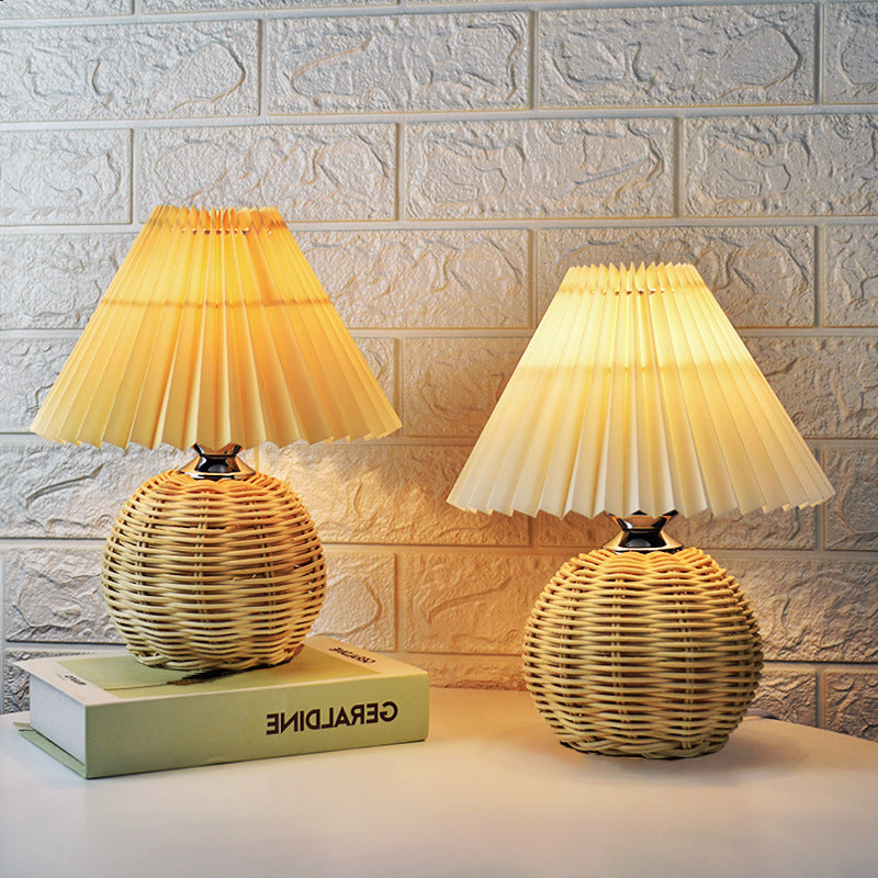 Pleated Cap Woven Wood Table Lamp
