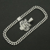 Rhinestone Tiger Head Pendant Cuban Chain Necklace