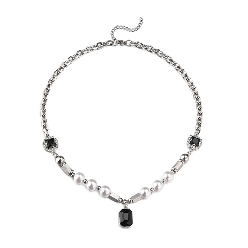 Hip Hop Faux Pearl Black Gem Collier