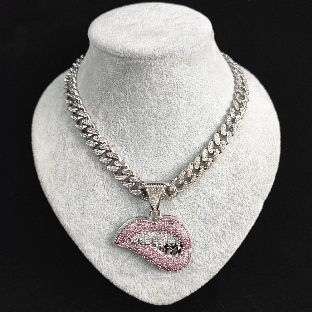 Full Rhinestone Bite Lip Pendant Necklace
