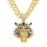 Collier de chaîne cubaine à tête de tête de tigre en strass