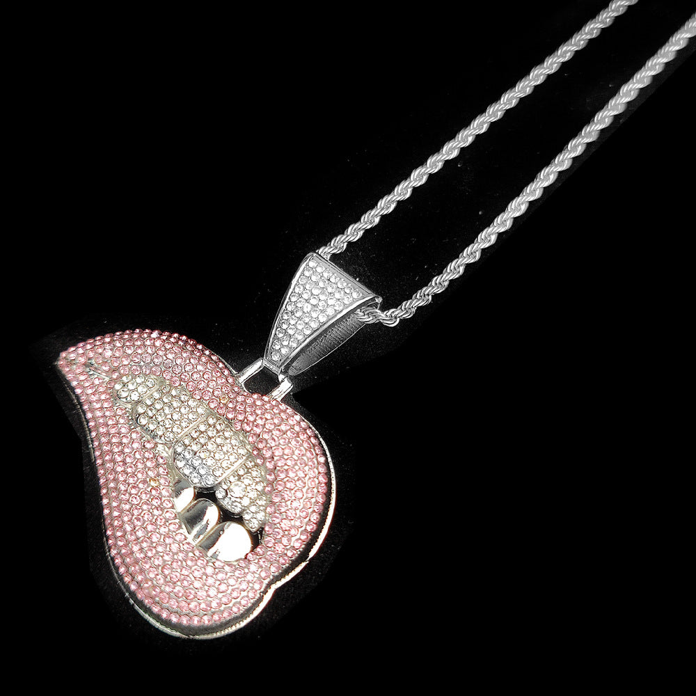 Full Rhinestone Bite Lip Pendant Necklace