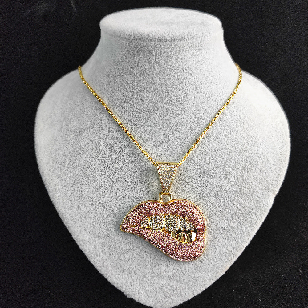 Full Rhinestone Bite Lip Pendant Necklace