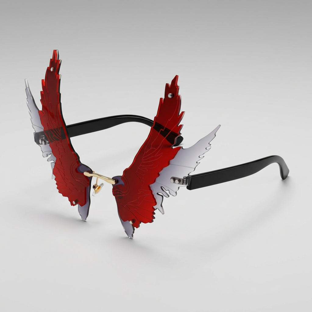 Three views of a pair of angular aviator-style sunglasses with large red and gray feathered wing-shaped frames and black temple arms, shown on a white background with text labels.
