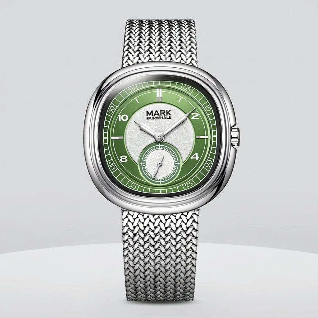 Mark & Lindsell Millersham watch featuring a silver-tone mesh bracelet, a silver-tone round bezel, and a green dial with white sub-dials and Arabic numerals.