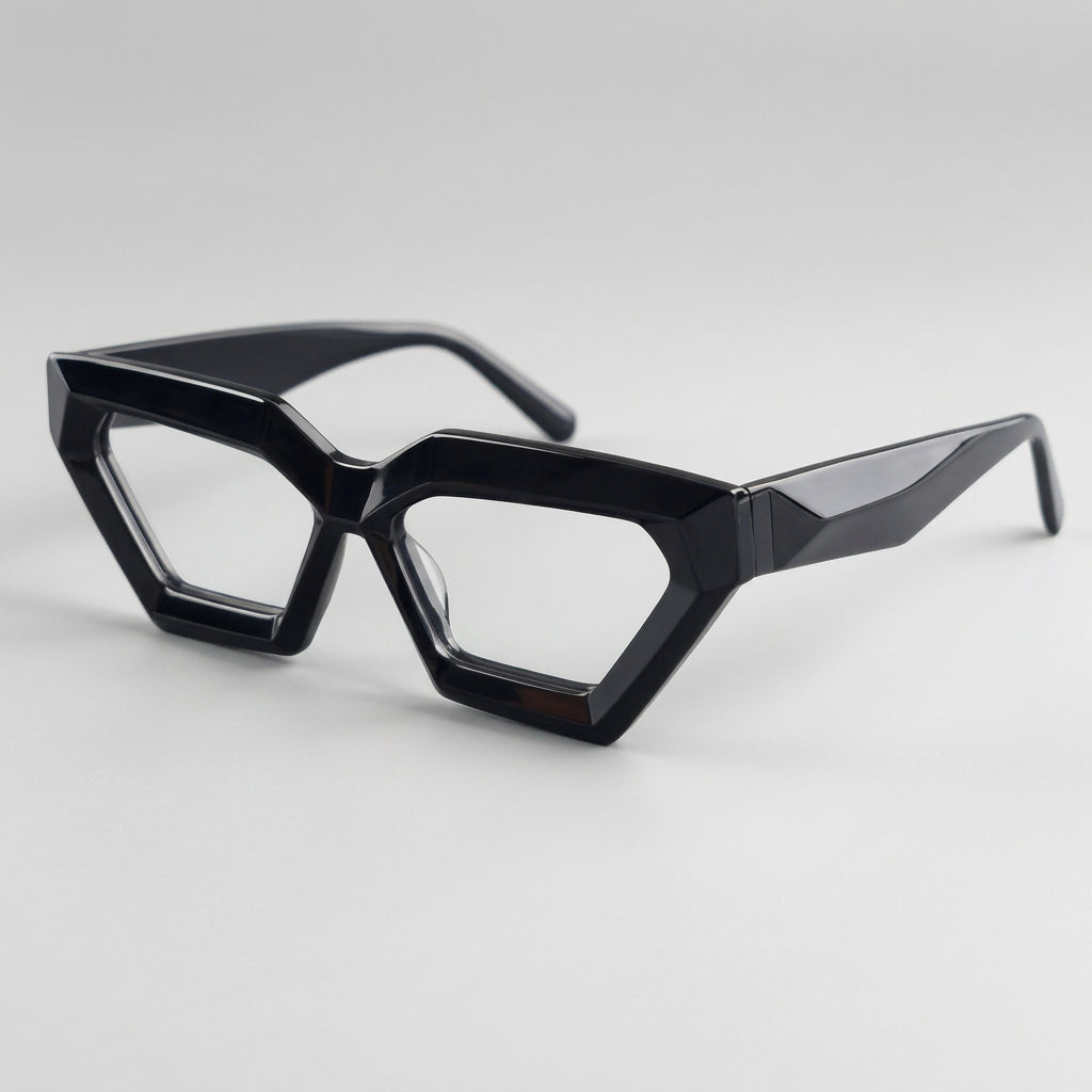 Black geometric sunglasses on a gray background