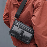 Zipper Flap Black Leather Sling Bag