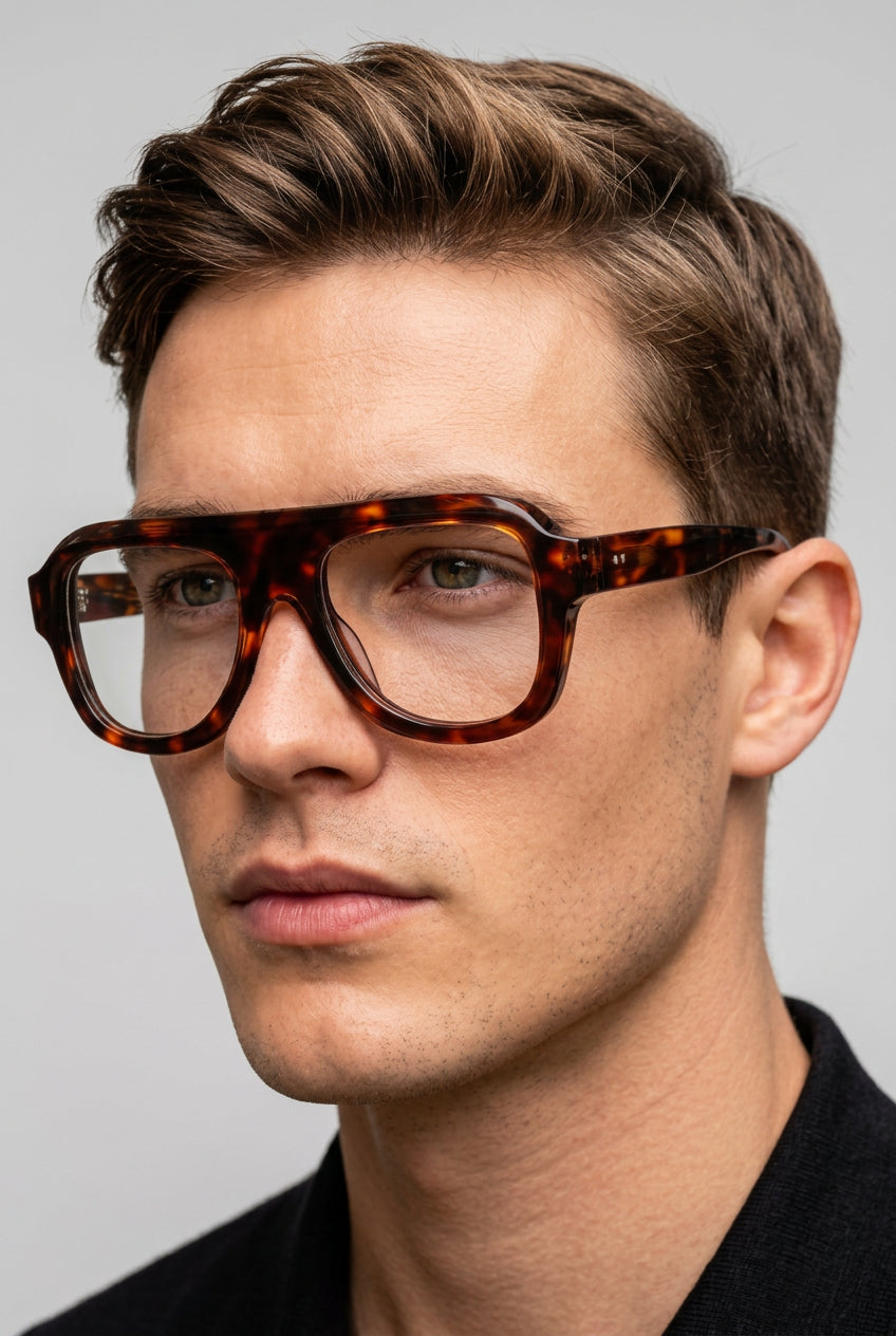 Man wearing tortoiseshell glasses with a brick wall background