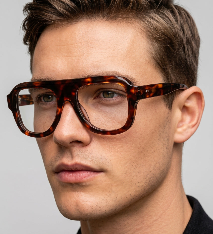 Man wearing tortoiseshell glasses with a brick wall background
