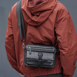 Zipper Flap Black Leather Sling Bag