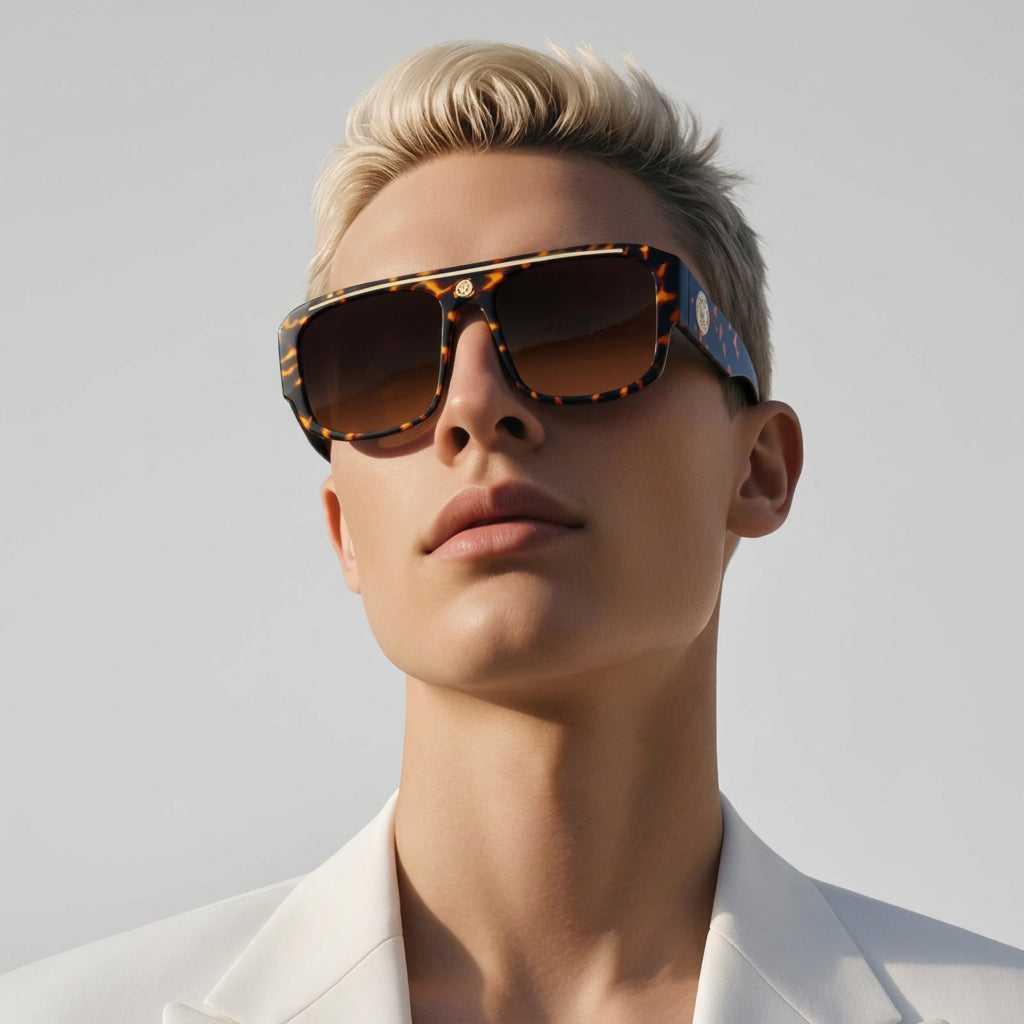 Man wearing stylish sunglasses with a clear blue sky background
