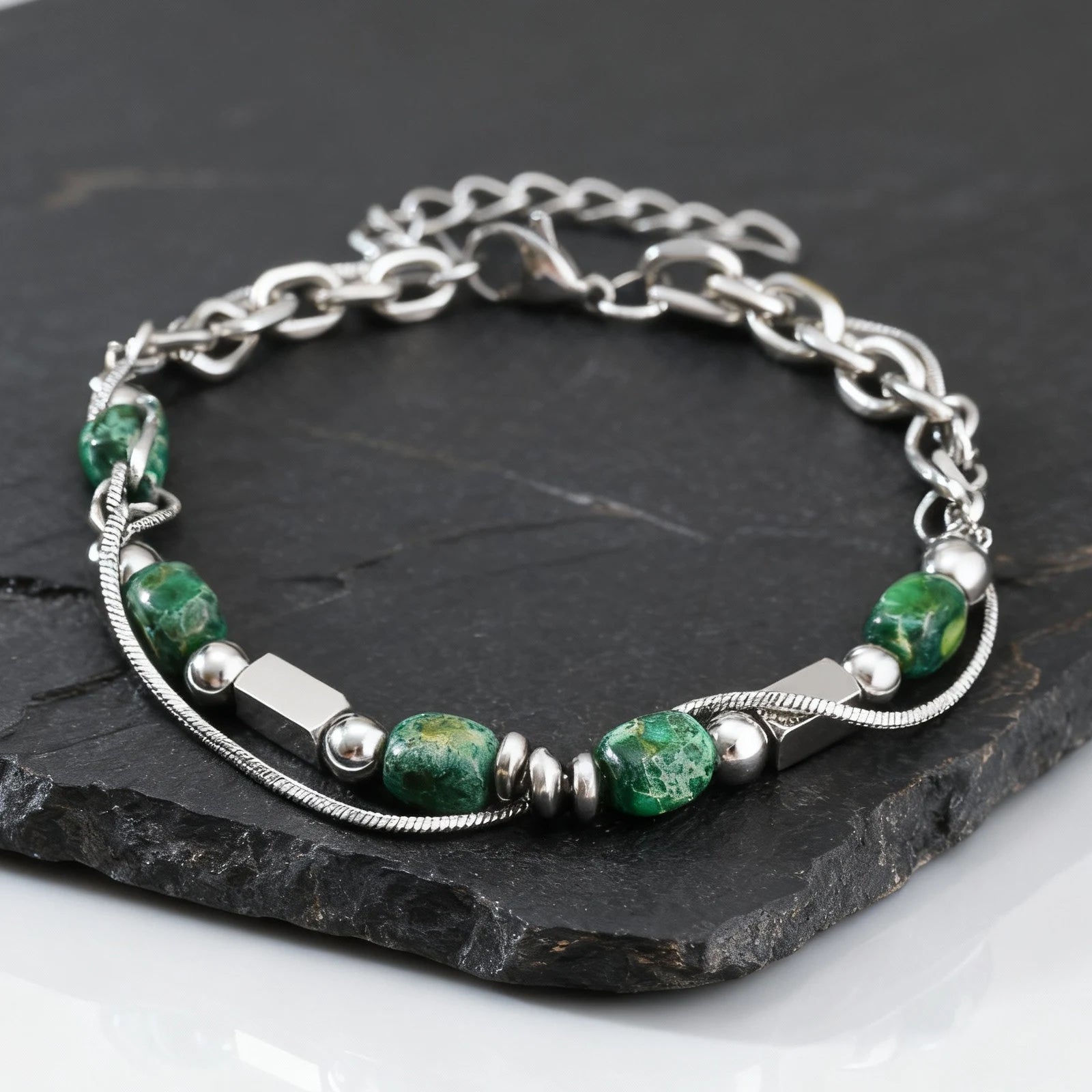Green Natural Stacked Steel Bracelet