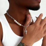 Pearl Beaded Cross Pendant Necklace