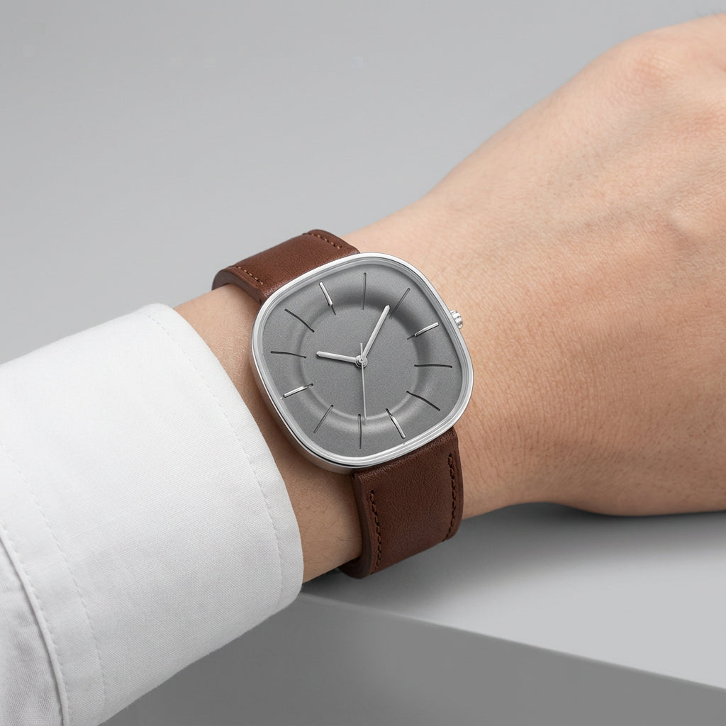 Wrist wearing a brown watch with a neutral background