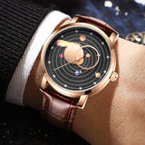 Quartz Round Planets Galaxy Leather Watch