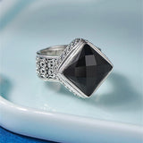 Retro Pattern Inlaid Black Agate Ring