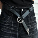 Flame Buckle Black Leather Belt