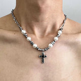 Hip Hop Pearl Heart Cross Necklace