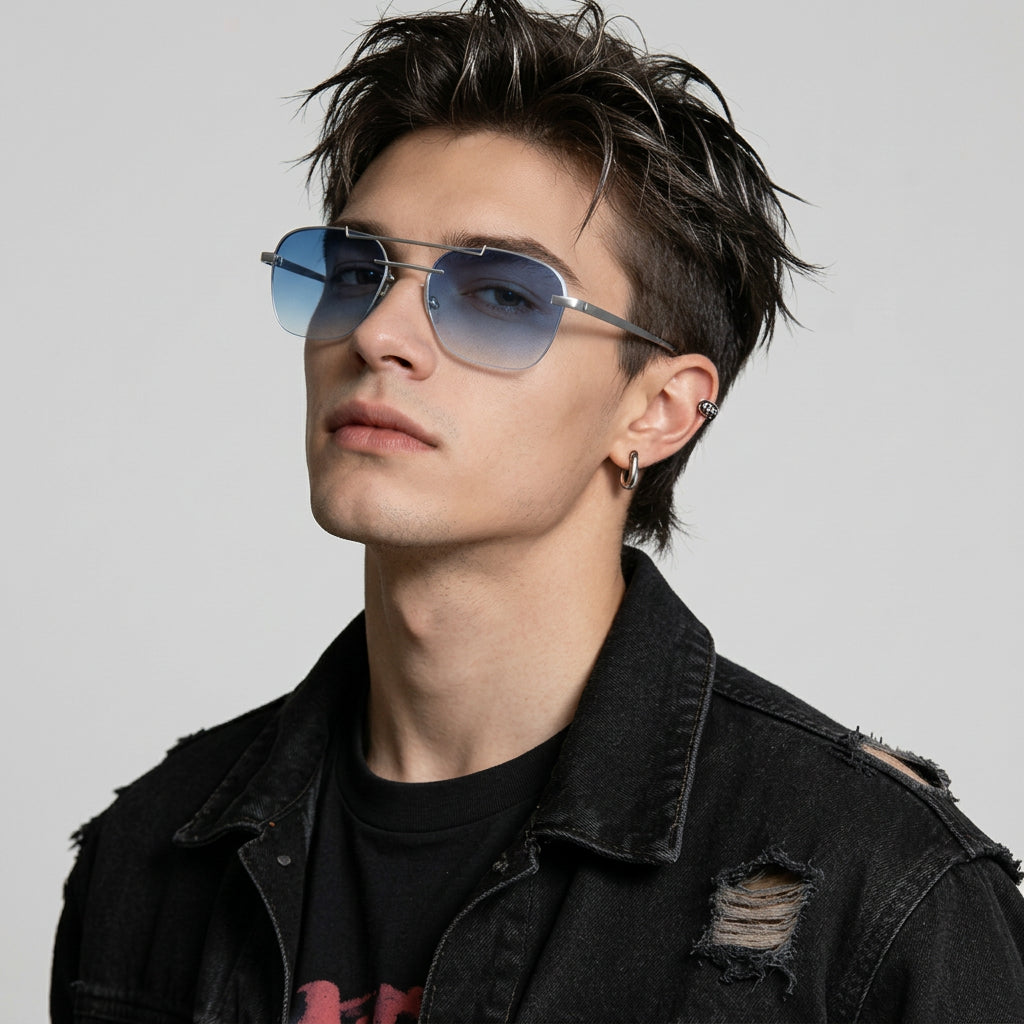 A man wearing aviator-style sunglasses with blue gradient lenses and thin silver metal frames, styled with a distressed black denim jacket against a gray concrete wall. The 'Charm Eye' brand logo is visible in the top-left corner.