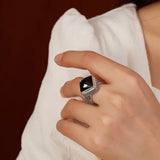 Retro Pattern Inlaid Black Agate Ring