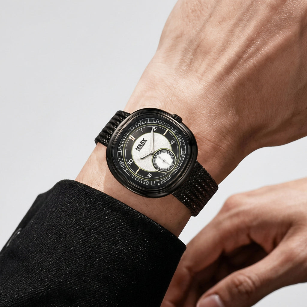 A men's analog watch with a black strap and a black dial featuring white hands and markers, shown worn on a wrist. The image includes a top inset of the watch close-up and a bottom text panel describing the watch's 'Endless Lume.