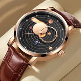 Quartz Round Planets Galaxy Leather Watch