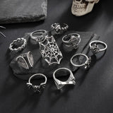 Goth Skull Spider Web Ring Set