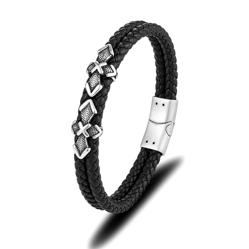 Antique Stainless Steel Braided Leather Bracelet