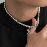 Silver Rhinestone Cross Pendant Necklace