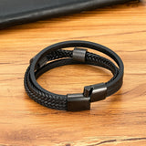 Stainless Steel Bead Layer Leather Bracelet