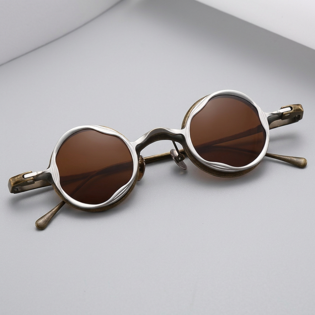 Round vintage-style sunglasses with dark brown tinted lenses, a silver metal rim, and tortoiseshell temples, shown on a plain white background.