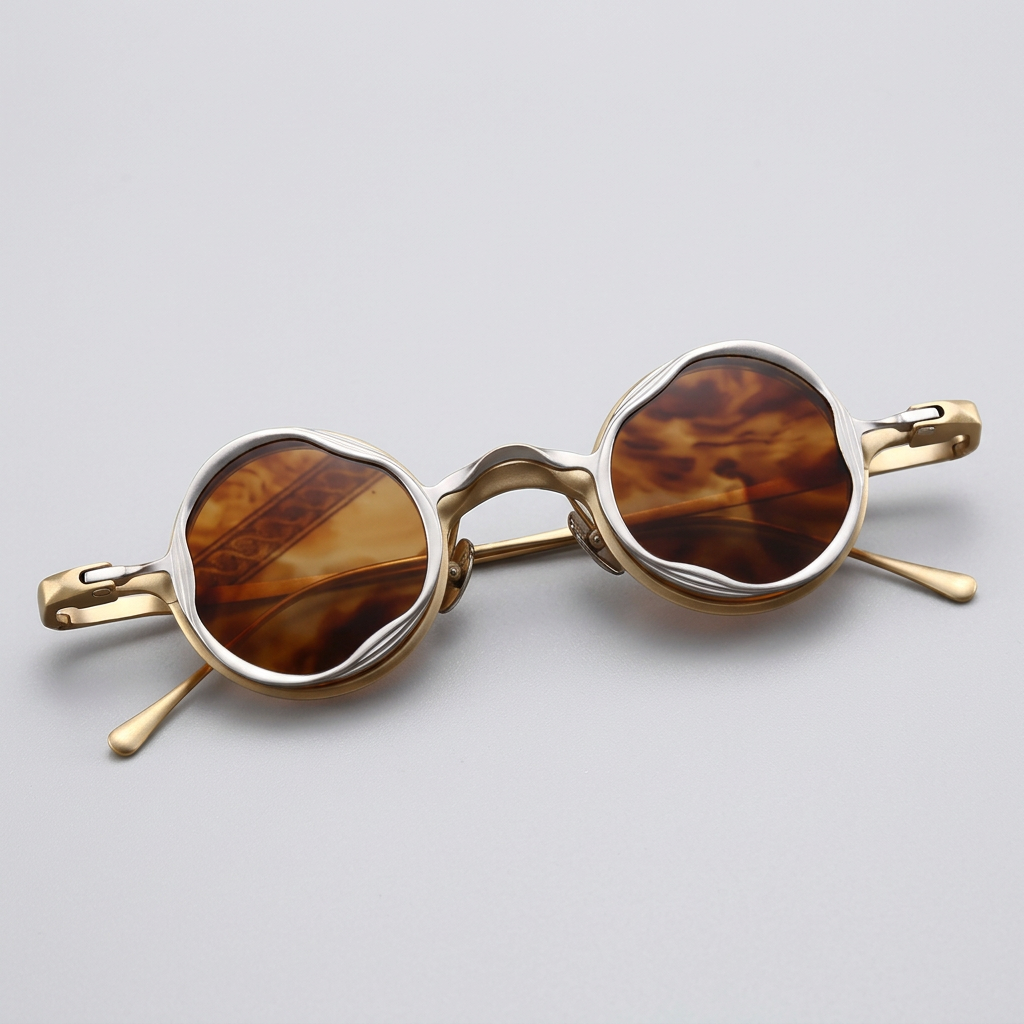 Round sunglasses with dark brown lenses, a polished gold-tone metal frame, and matching gold temple arms, shown on a plain white background.
