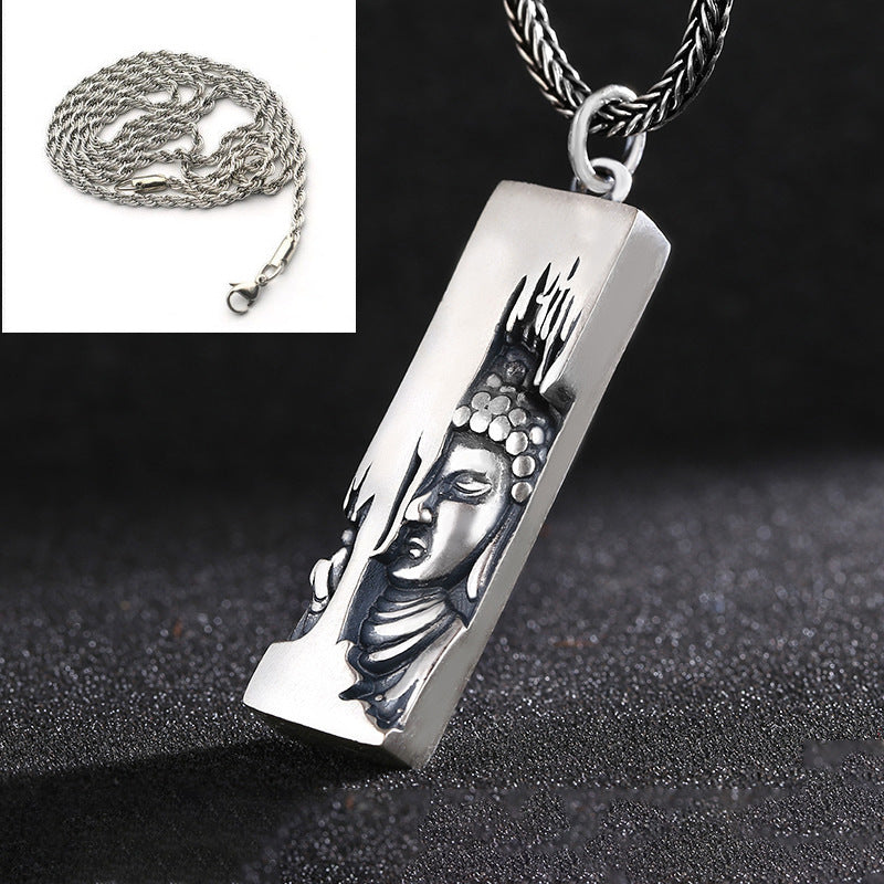 Buddha Head Engraving Rectangle Pendant Necklace