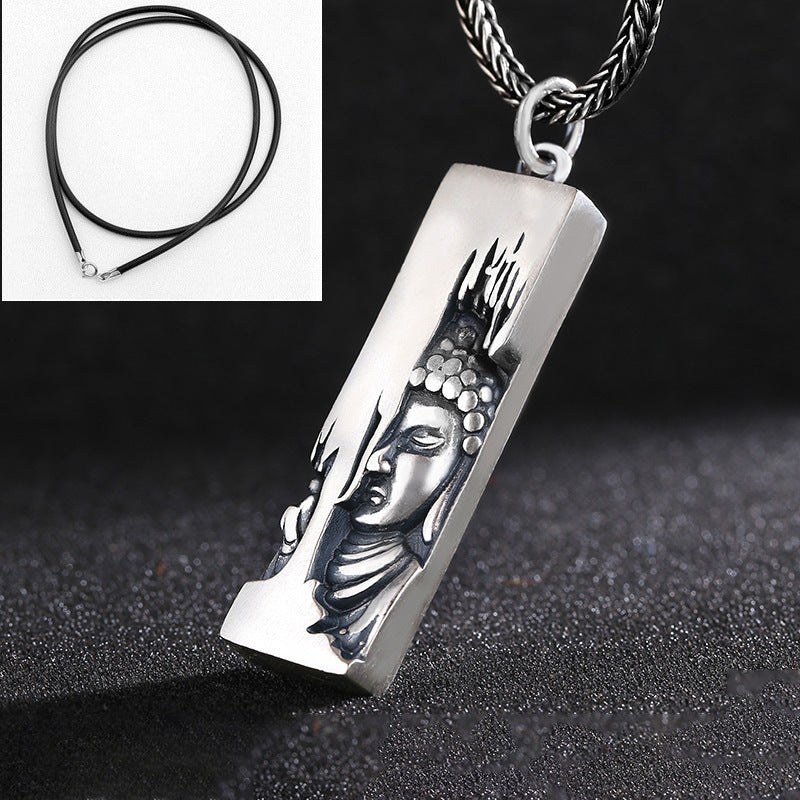 Buddha Head Engraving Rectangle Pendant Necklace