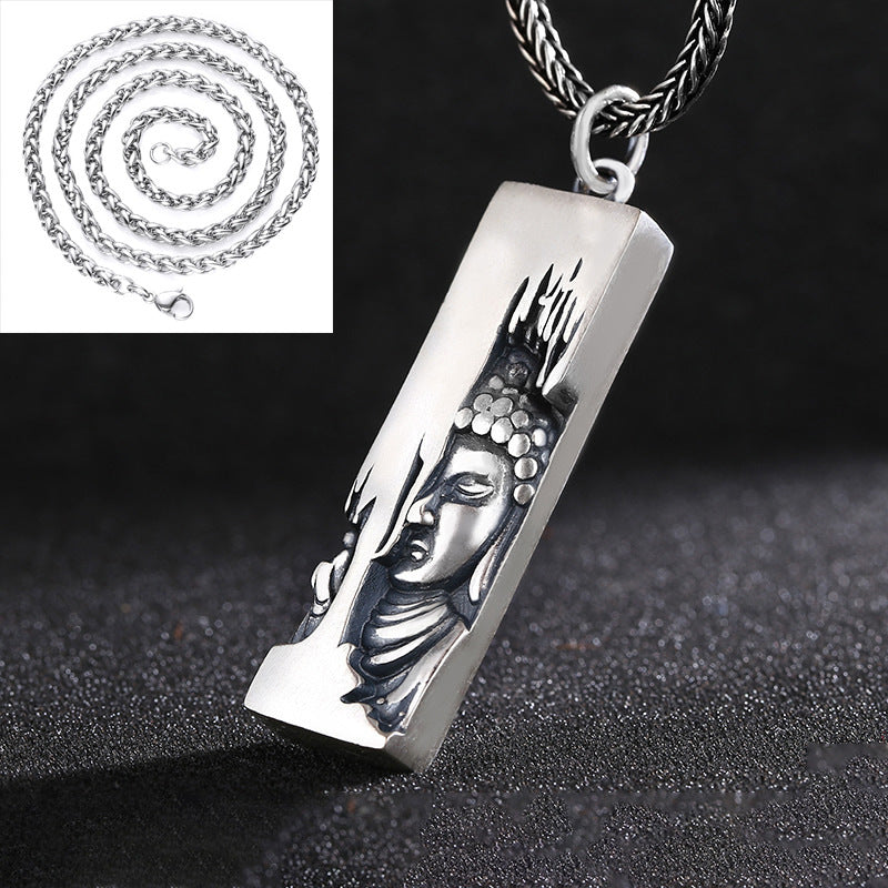 Buddha Head Engraving Rectangle Pendant Necklace