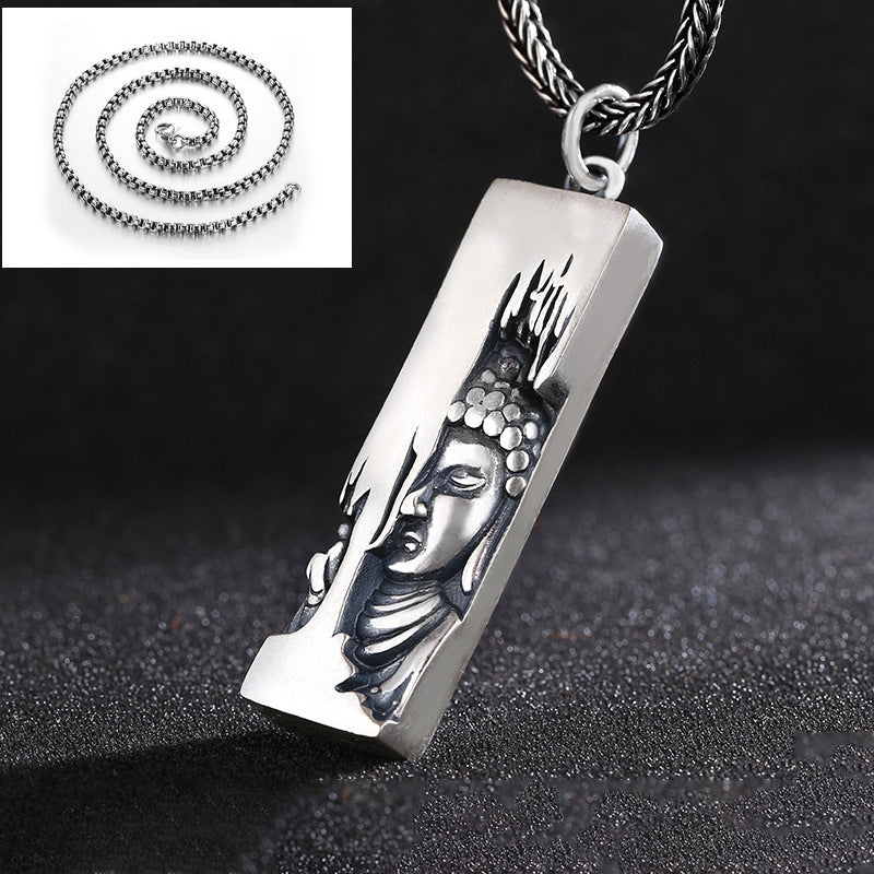 Buddha Head Engraving Rectangle Pendant Necklace