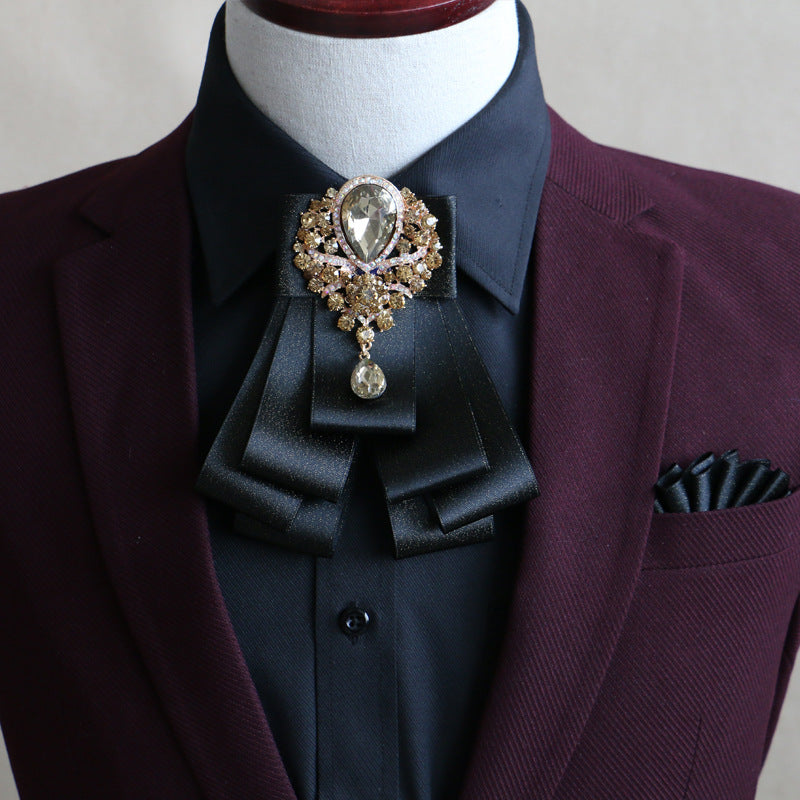 Metal And Rhinestone Decorated Solid Ribbon Tie