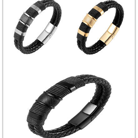 Casual Double Layer Stainless Leather Bracelet