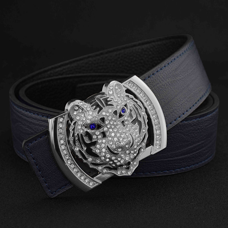 Tiger Head Rhinestone Leather Belt