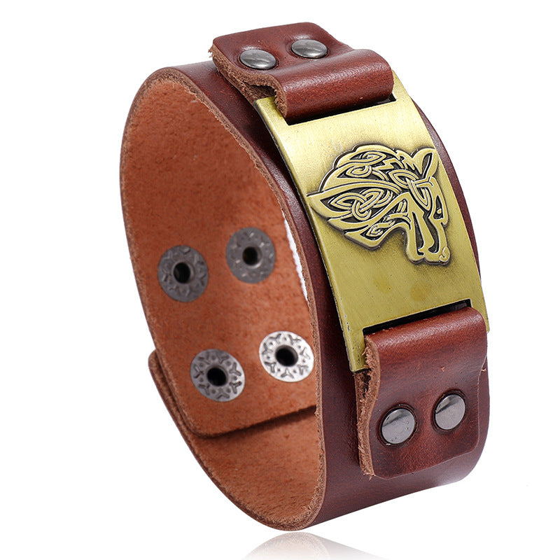 Pulsera de lobo de piel de vaca vikinga nórdica