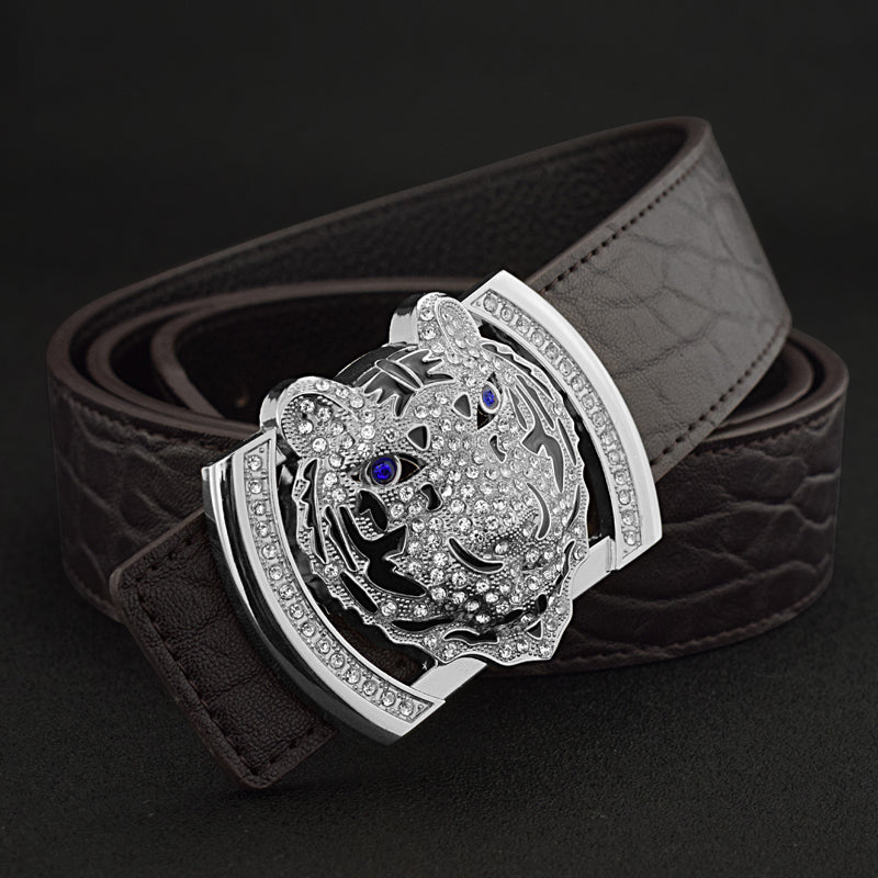 Tiger Head Rhinestone Leather Belt