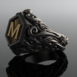 M Letter Vintage Carving Ring