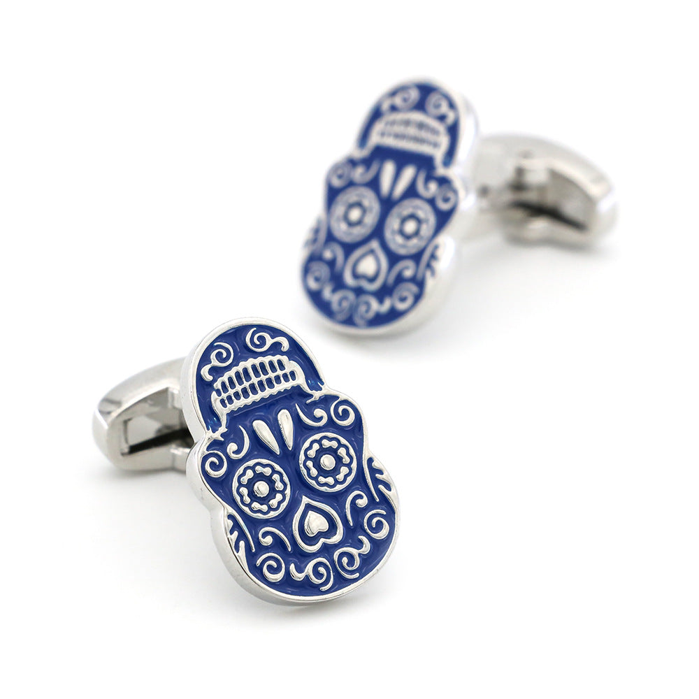 Blue Floral Skull Shaped Cufflinks