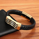 Three-Striped Steel Leather Braided Bracelet