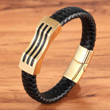 Three-Striped Steel Leather Braided Bracelet