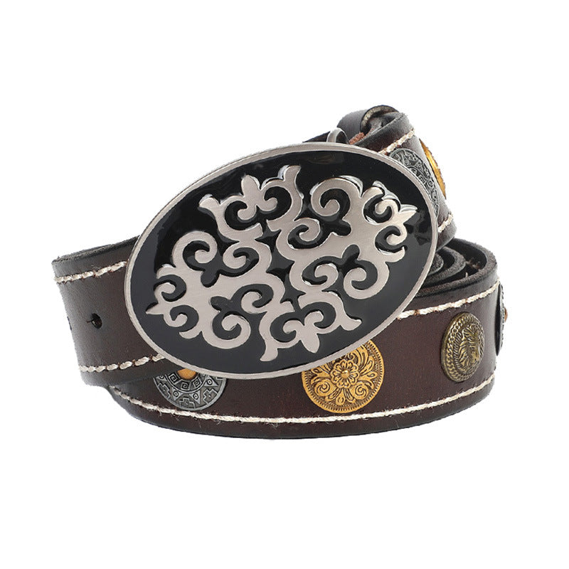 Patterned Metal Plates Decorated Leather Belt