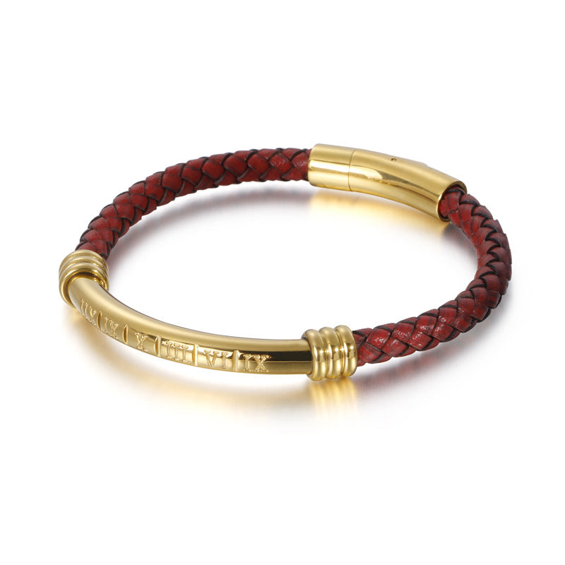 Leather Braided Titanium Steel Plate Bracelet