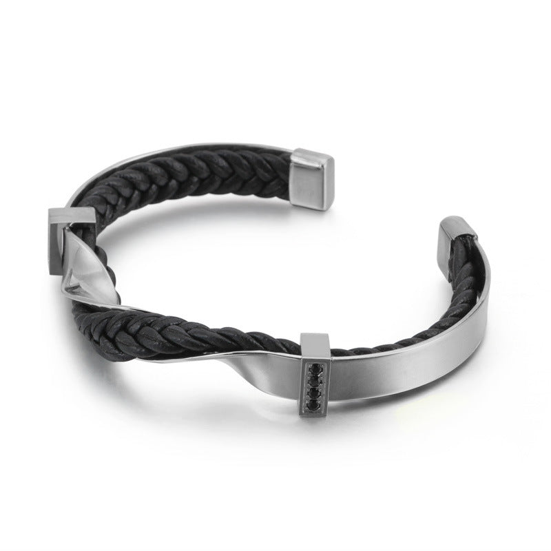 Twisting Steel Leather Mixed Cuff Bracelet