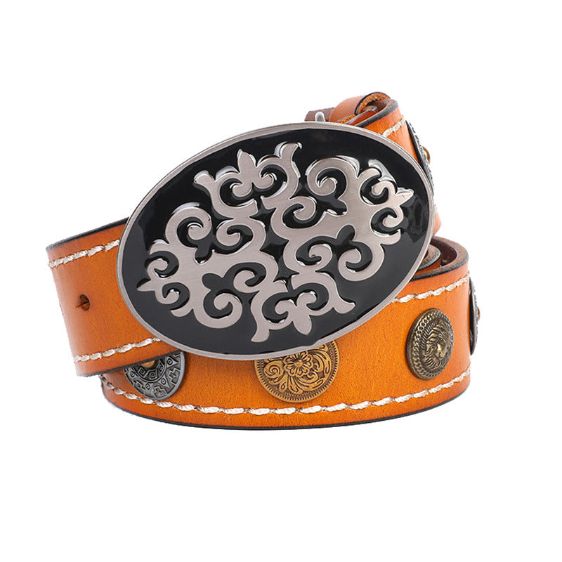 Patterned Metal Plates Decorated Leather Belt